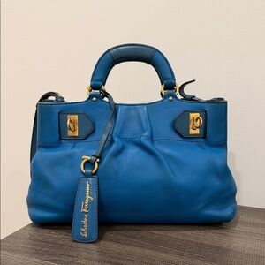 Salvatore Ferragamo Blue Leather Gancini Satchel Crossbody Bag Gold Hardware.